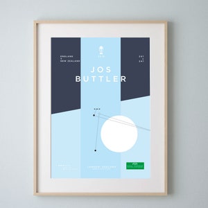Puede incluir: Un póster azul y blanco con una ilustración de campo de cricket y el texto "JOS BUTTLER" en negro. El póster también incluye el texto "ENGLAND v NEW ZEALAND" y "241 v 241".