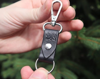 Small Black Leather Keychain with Unique Floral Design and Silver Lobster Clasp Hardware