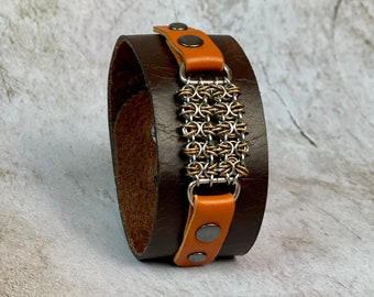 Hickory and Russet Leather Bracelet with Chainmail Rings, Perfect Gift, Unisex