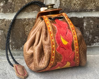 Natural Brown Leather Dice Bag with Color Dyed Campfire Design