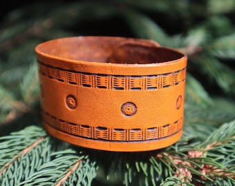 Natural Brown Leather Bracelet with Tooled Ornament and Rustic Brass Snap