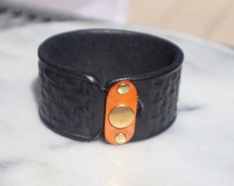 Black Natural Leather Basket Weave Pattern Bracelet with Orange Flat Gold Snap Closure