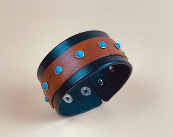 Natural Brown and Black  Leather Bracelet Decorated with Turquoise Cuff bracelet Perfect Gift Handmade Jewelry