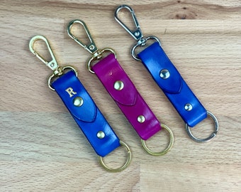Blue or Fuchsia Natural Leather Keychain with Keyring and Gold Color Lobster Clasp Hardware Handmade in USA