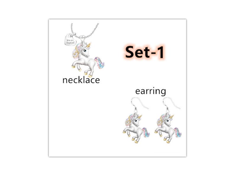 Childrens Cute Rainbow Unicorn Jewelry Set Earring and Necklace Set