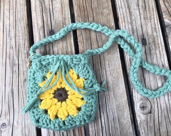 Crochet Sunflower Drawstring Bag/Purse