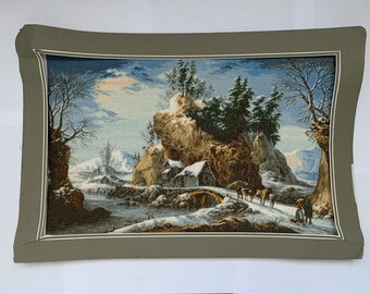 romantic landscape with windmill Framed cross stitched retro embroidery painting mid century sailboat and farm