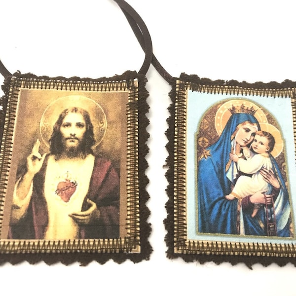 Brown Scapular of Our Lady of Mt. Carmel with Most Sacred Heart of Jesus Custom Cord Length