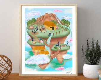 Hmong Art, Hmong Village, Digital Art, Wall Art, Nursery Decor, Children’s Art, Hmong Digital Art, Hmong Wall Art, Mountain Art