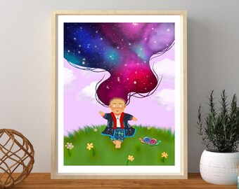 Iu Mien Girl Art Print, Galaxy Art, Digital Art Print, Wall Art, Nursery Decor, Children's Art, Home Office Art