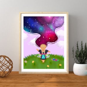 May include: A digital illustration of a girl with long, flowing hair that resembles a galaxy. The hair is a mix of blue, purple, and pink with stars and swirls. The girl is wearing a colorful dress and is standing in a field of green grass with yellow flowers.