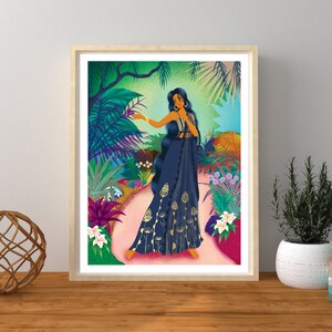 May include: A digital illustration of a woman in a blue and gold patterned dress standing in a lush green jungle. The woman has long dark hair and is holding a small bird in her hand.
