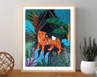 Hmong Art, Girl, Boy, Tiger, Monkey, Bird, Jungle Art, Digital Art, Wall Art, Nursery Decor, Children's Art
