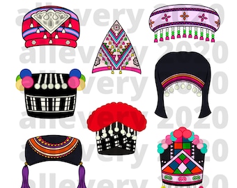 Hmong Hats for Women, 8 pack, PNG, SVG, JPG, Hmong Digital, Hmong Print, Hmong Clothes for Women, Hmong Sublimation