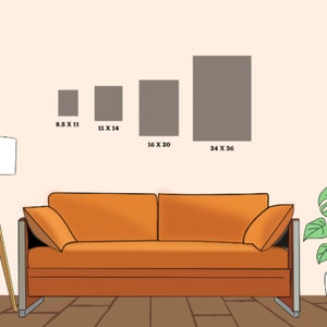 K&ouml;nnte beinhalten: Vier rechteckige Rahmen in verschiedenen Gr&ouml;&szlig;en h&auml;ngen an einer hellpfirsichfarbenen Wand &uuml;ber einem braunen Sofa. Die Rahmen sind alle grau und haben einen wei&szlig;en Text, der ihre Abmessungen angibt: 8,5 x 11, 11 x 14, 16 x 20 und 24 x 36.