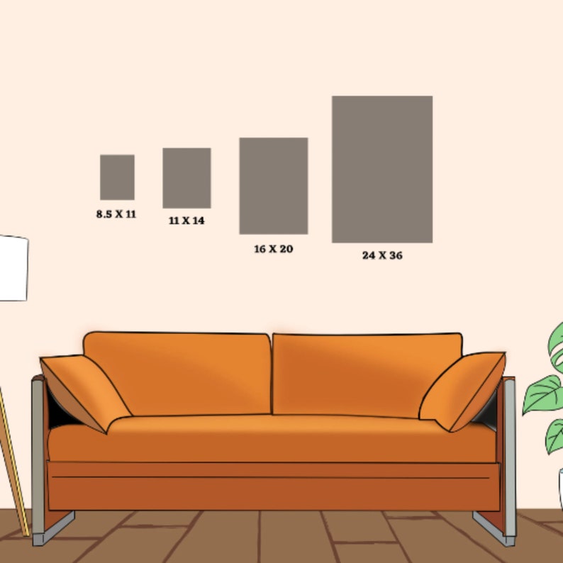 K&ouml;nnte beinhalten: Vier rechteckige Rahmen in verschiedenen Gr&ouml;&szlig;en h&auml;ngen an einer hellpfirsichfarbenen Wand &uuml;ber einem braunen Sofa. Die Rahmen sind alle grau und haben einen wei&szlig;en Text, der ihre Abmessungen angibt: 8,5 x 11, 11 x 14, 16 x 20 und 24 x 36.