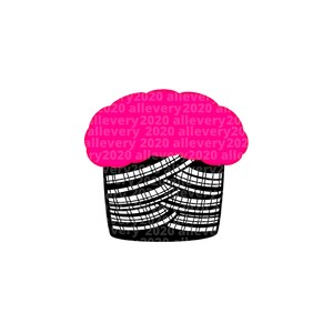 May include: A pink cupcake with black and white striped frosting. The frosting is decorated with a pattern of overlapping lines.