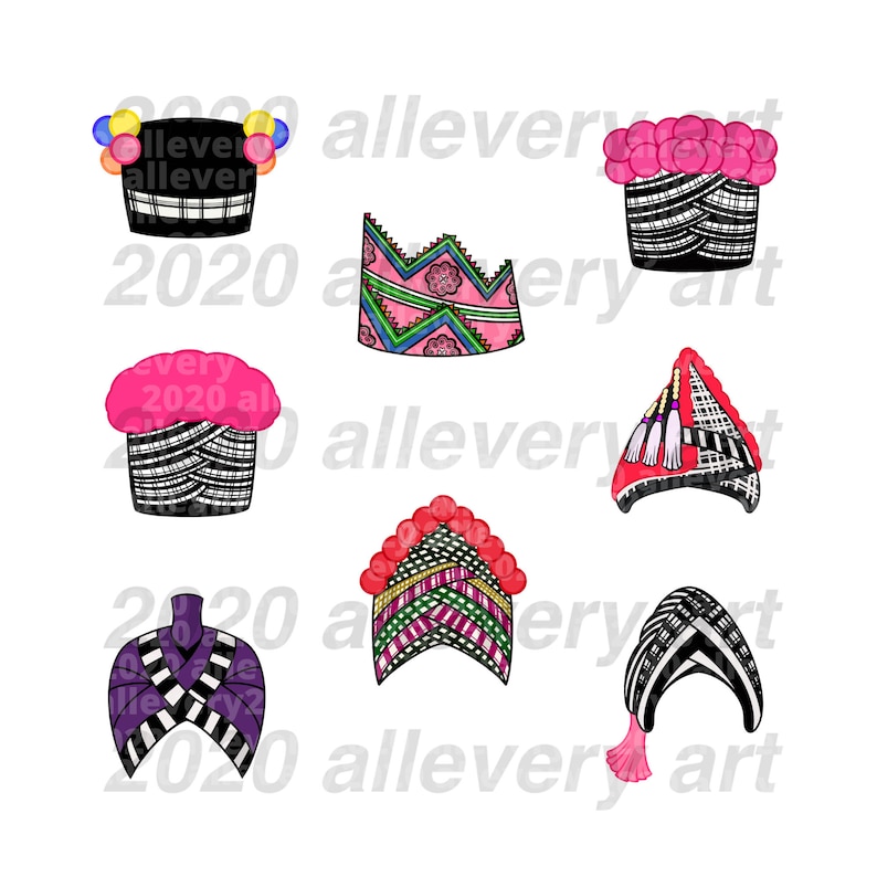 May include: A set of nine colorful hats with various patterns and designs. The hats are made of fabric and have different shapes, including crowns, turbans, and caps. Some hats have tassels or pom-poms.