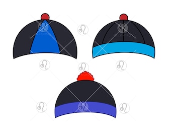 May include: Three black and blue Chinese-style hats with red pom-poms on top.