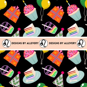 May include: A black background with a repeating pattern of birthday party elements, including cupcakes with pink frosting, rainbow cake slices, gift boxes, party hats, and a Leo zodiac symbol. The text "Designs by Allevery" is repeated across the bottom of the image.