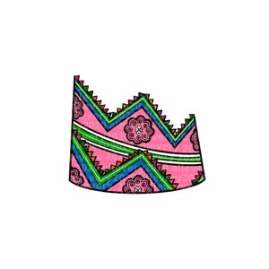May include: A pink crown with a blue, green, and orange geometric pattern. The crown has a zig-zag design with small white flowers.