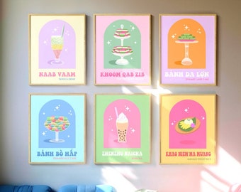 Asian Dessert Snack Wall Art Decor | Pastel Vintage Art | Set of 6 Wall Art