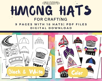 May include: Black and white and color printable Hmong hat craft patterns. 9 pages with 18 hats. Digital download.  PDF files.