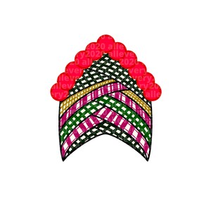 May include: A green, pink, and white patterned turban with red pom-poms. The turban has the text "2020 alle y2020 alleve 20 alle every leve alleve ery2 2020 Every every ry 20 alle" written on it.
