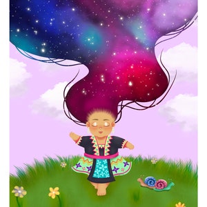May include: A girl with long, flowing hair that resembles a galaxy of stars, wearing a colorful dress and standing in a field of green grass with flowers and a snail.