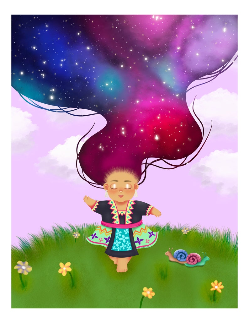 May include: A girl with long, flowing hair that resembles a galaxy of stars, wearing a colorful dress and standing in a field of green grass with flowers and a snail.