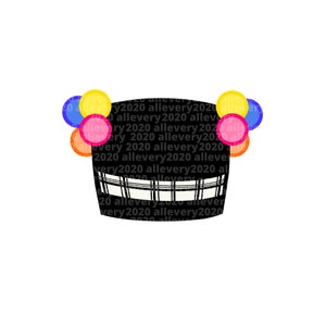 May include: A black and white plaid hat with a black brim and a cluster of colorful balloons on top. The balloons are yellow, orange, pink, blue, and red.