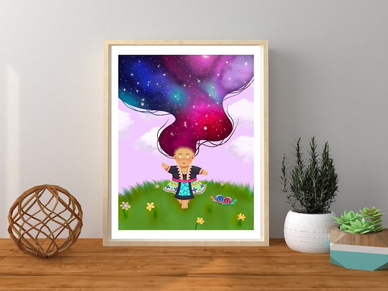 May include: A digital illustration of a girl with long, flowing hair that resembles a galaxy. The hair is a mix of blue, purple, and pink with stars and swirls. The girl is wearing a colorful dress and is standing in a field of green grass with yellow flowers.