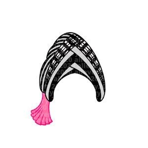 May include: A black and white patterned turban with a pink tassel. The turban is made of a soft, comfortable fabric and is perfect for adding a touch of style to any outfit.