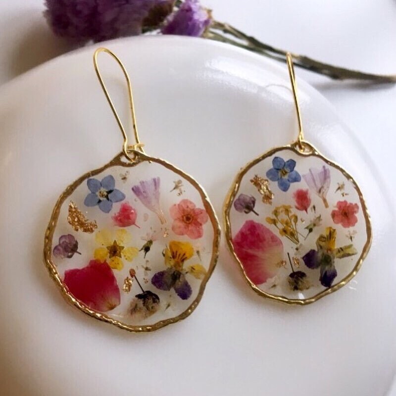 Real pressed flower earrings, pressed flower earrings, multicoloured