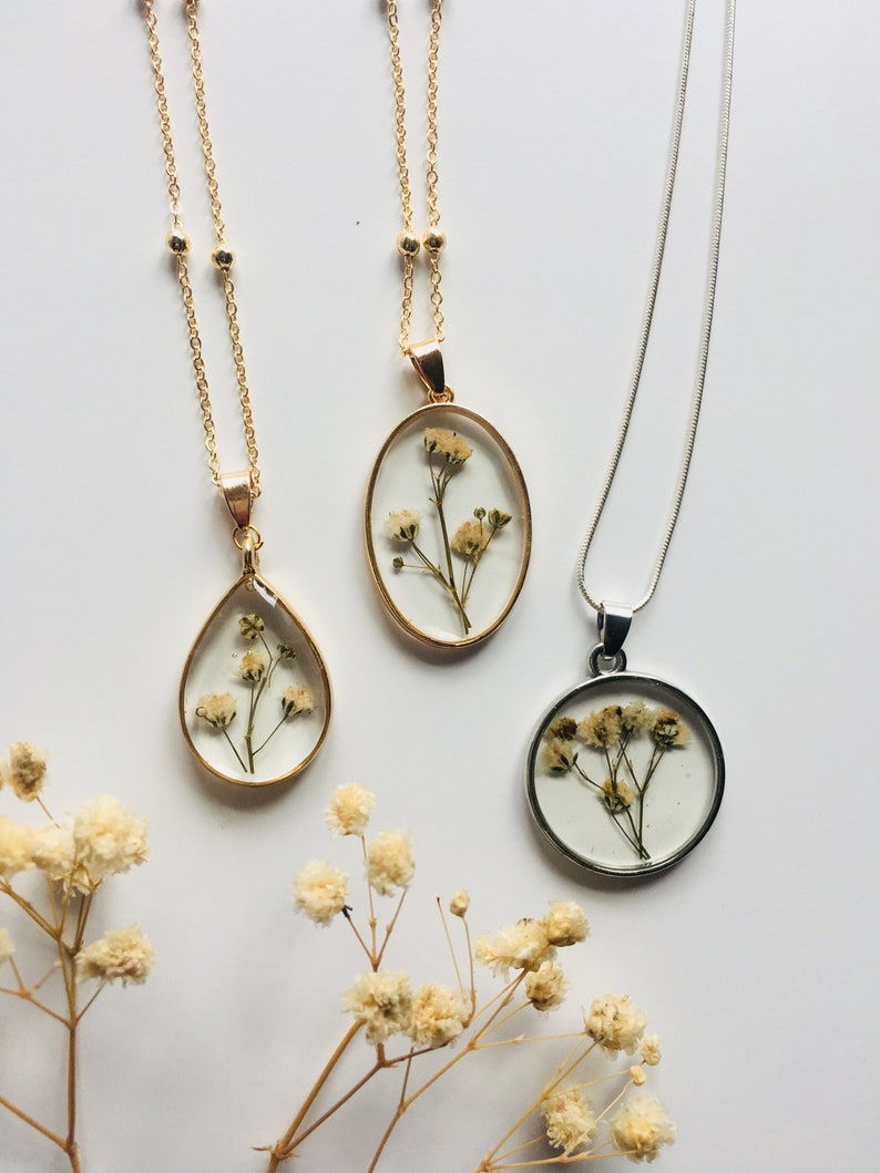 Babys Breath Flower Necklace Gold Clear Resin. Etsy