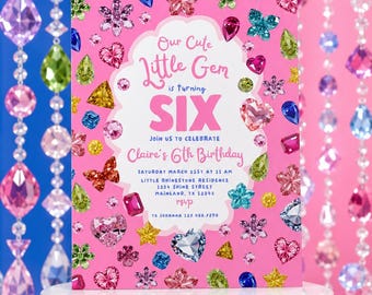 Little Gem 6th Birthday Invitation, Colorful Bejeweled Canva Template