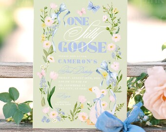 Silly Goose 1e verjaardagsuitnodiging meisje, roze strik bloemen (afdrukbaar op canvas)