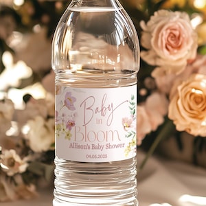 Baby in Bloom Water Bottle Label Template Printable Editable Baby Shower bottle label wrapper Floral Editable Wildflower Girl Favor BIB1