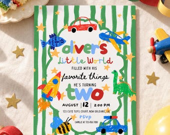 Favorite Things Second Birthday Invitation, Whimsical Vintage Toys Editable Canva Template
