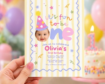 Its Fun To Be One First Birthday Invitation for Girl, Editable Canva Template