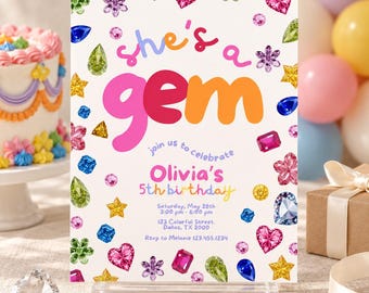 She's a Gem First Birthday Invitation, Whimsical Gemstone Birthday Party Editable Canva Template