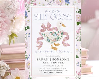 Silly Goose Floral Baby Shower Invitation Girl, Pink Geese Printable (Digital Download)