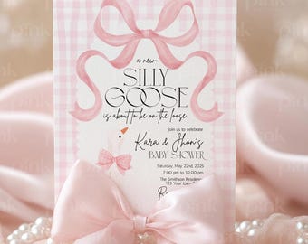 Silly Goose Baby Shower Invitation, Pink Bow Girl Theme, Editable Canva Template (Digital Download)