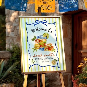 Tacos and Tequila Birthday Party Welcome Sign Hand drawn Mexican Template Birthday Sign Women’s Editable Entrance Board Edit in Canva TT02