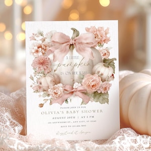 Pink Pumpkin Baby Shower Invitation: Floral Bow, Editable Template (Digital Download) CI52