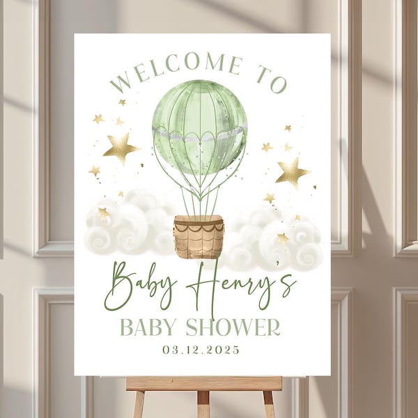 Letrero de bienvenida para baby shower con globo aerostático: Decoración de aventura (Plantilla editable) BS371