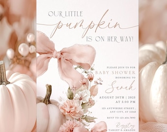 Pink Pumpkin Baby Shower Invitation: Floral Bow Coquette, Editable Template (Digital Download) CI53