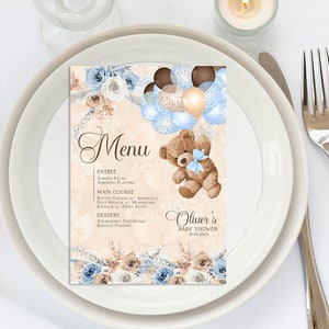 Ours en peluche ballons baby shower Modèle de menu imprimable, carte ours en peluche, carte de menu modèle modifiable Corjl téléchargement immédiat ours en peluche boho