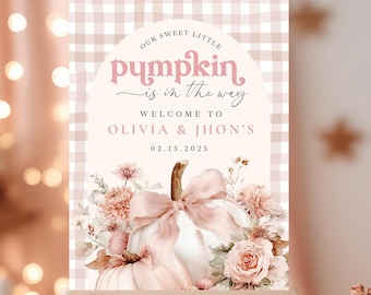 Pink Pumpkin Baby Shower Welcome Sign, Floral Coquette Decor (Editable Template)