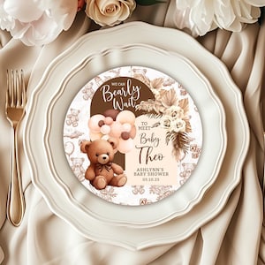 Assiette de chargeur d'ours modifiable avec insertion d'assiette de chargement de dîner de réception d'ours neutre, insertion de ballons d'ours, assiette de chargement Bearly Wait BBT3